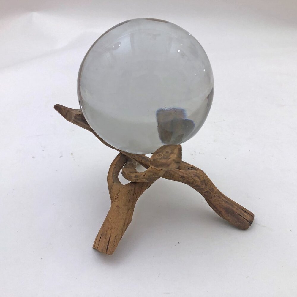 Clear Crystal Glass Ball 3 inch w/Snake Head Carved Stand Vintage - Picture 2 of 8